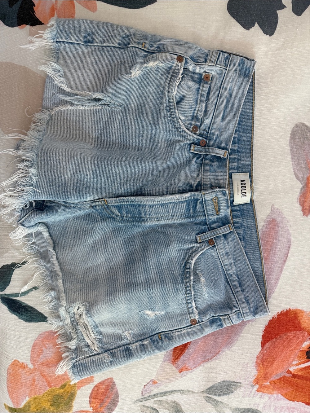 Agolde Light Blue Distressed Mid-Rise Denim Shorts